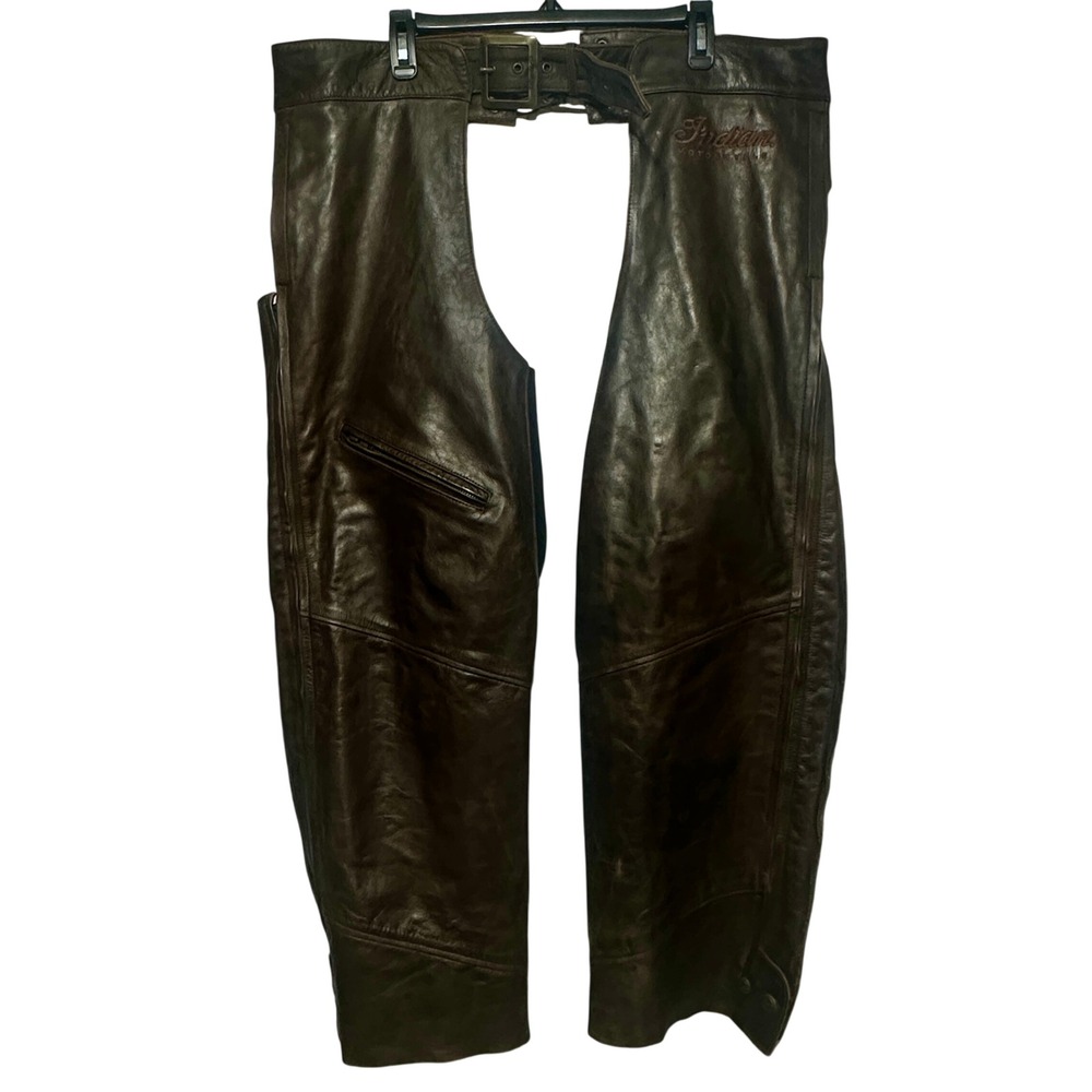 Indian Motorcycle Mens XL Distressed Brown Leather Chaps Adjustable Riding Gear